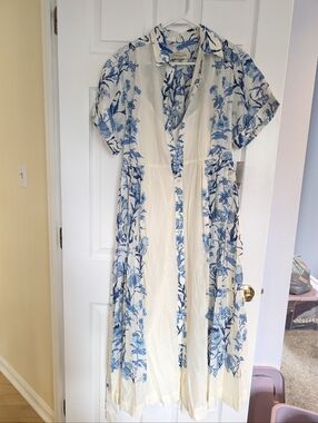 Taylor Cotton Blue/White Floral Collared Shirt Sleeve Midi Dress Size 10